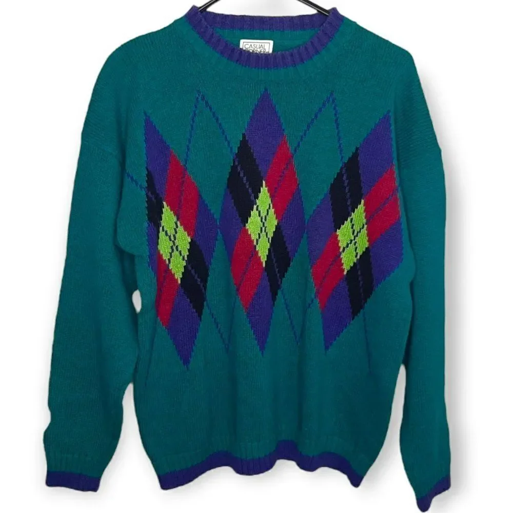Casual Corner Vintage 80s Neon Argyle Knit Sweater